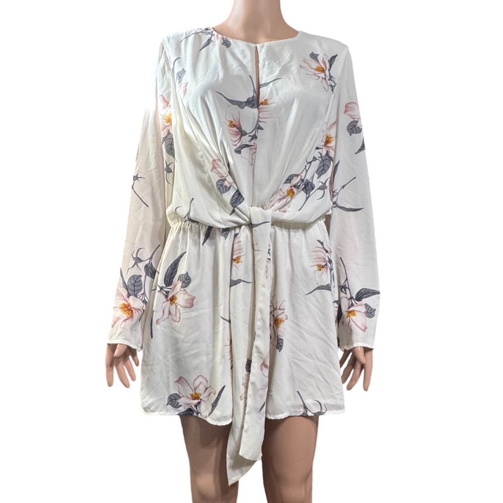 Sugar + Lips Romper Womens Size M Floral Front Tie Long Sleeve Cream Pink Grey